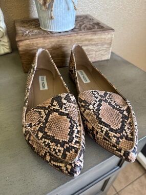 Steve Madden Pointed Snake-Print Loafers in Tan and Black